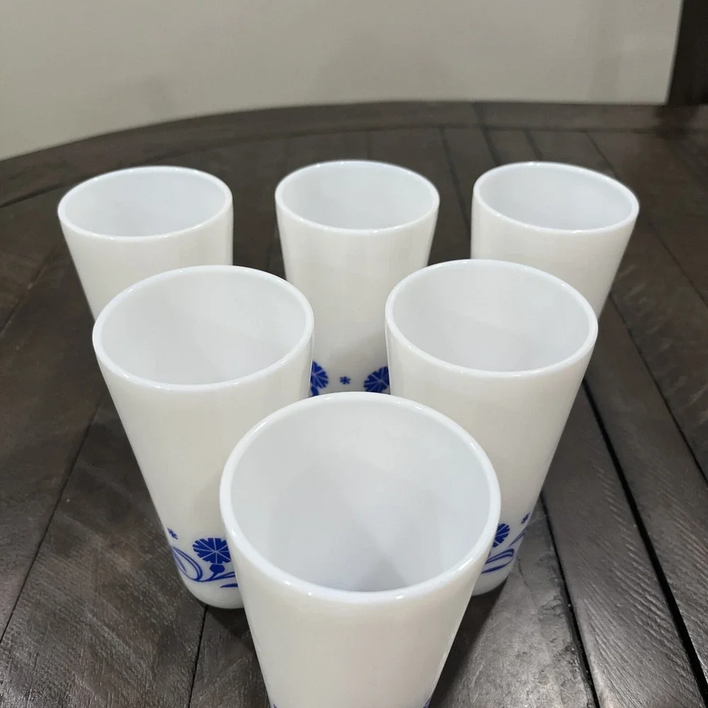 VINTAGE 6 Hazel Atlas Hazelware Blue Cornflower Daisy Milk Glass Tumbler Corning
